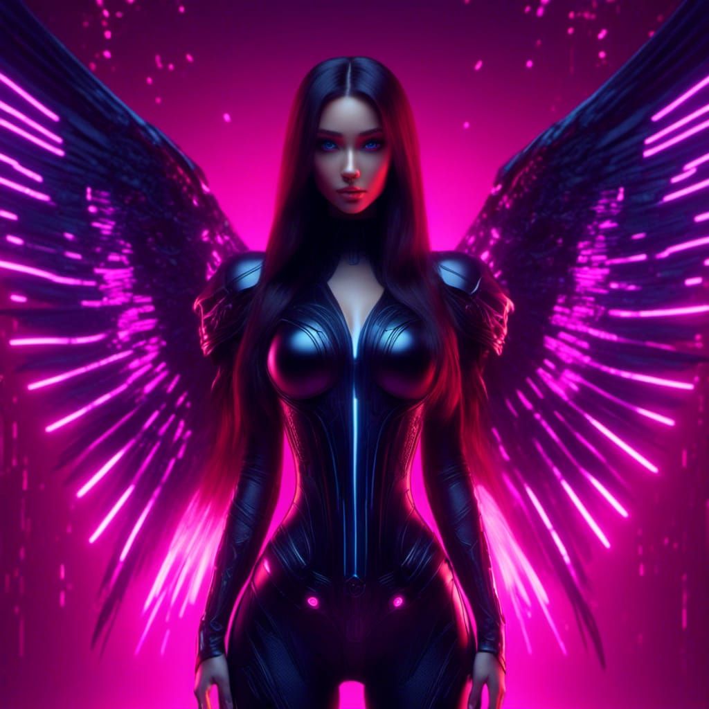 Cyberpunk, long hair, brunette, winged, fallen Angel. <lora:Gridrunners v1:1.0> red, pink, violet <lora:Murraypunk v2:0....