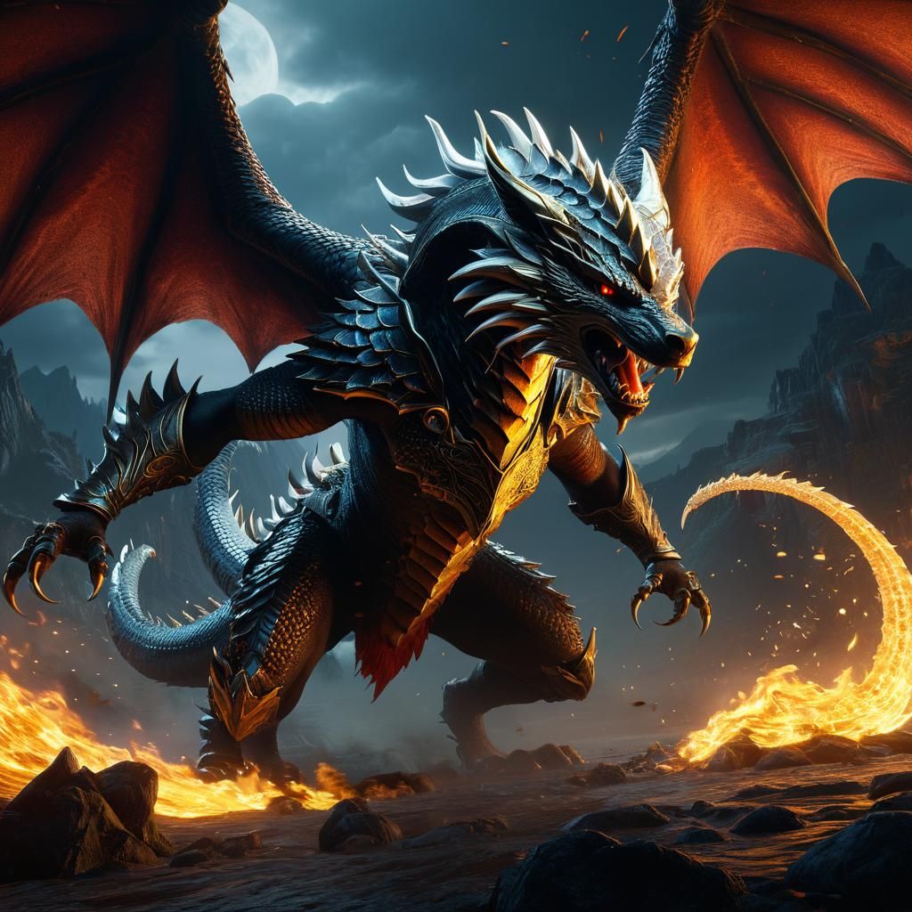 Wolf-Headed Dragon Scorpion Attacks Knight: Fantasy Art