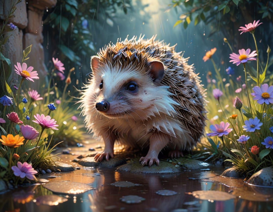 Hedgehog in Neo-Impressionist Wildflower Lane Painting