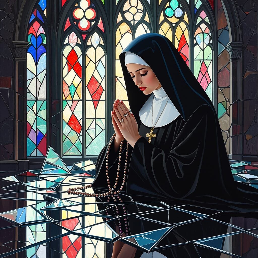 Nun Praying in Shattered Gothic Stained Glass