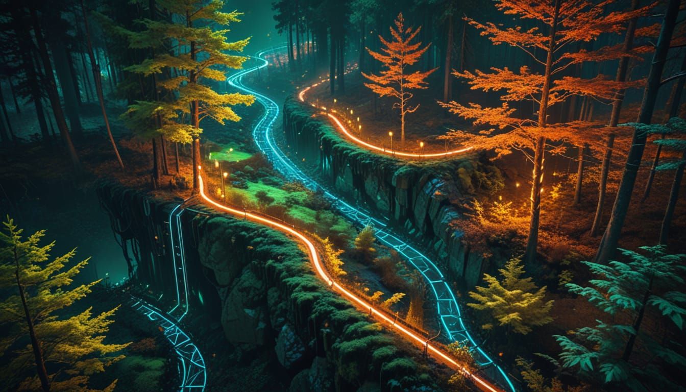 Cyberpunk Forest Aerial View in Neon
