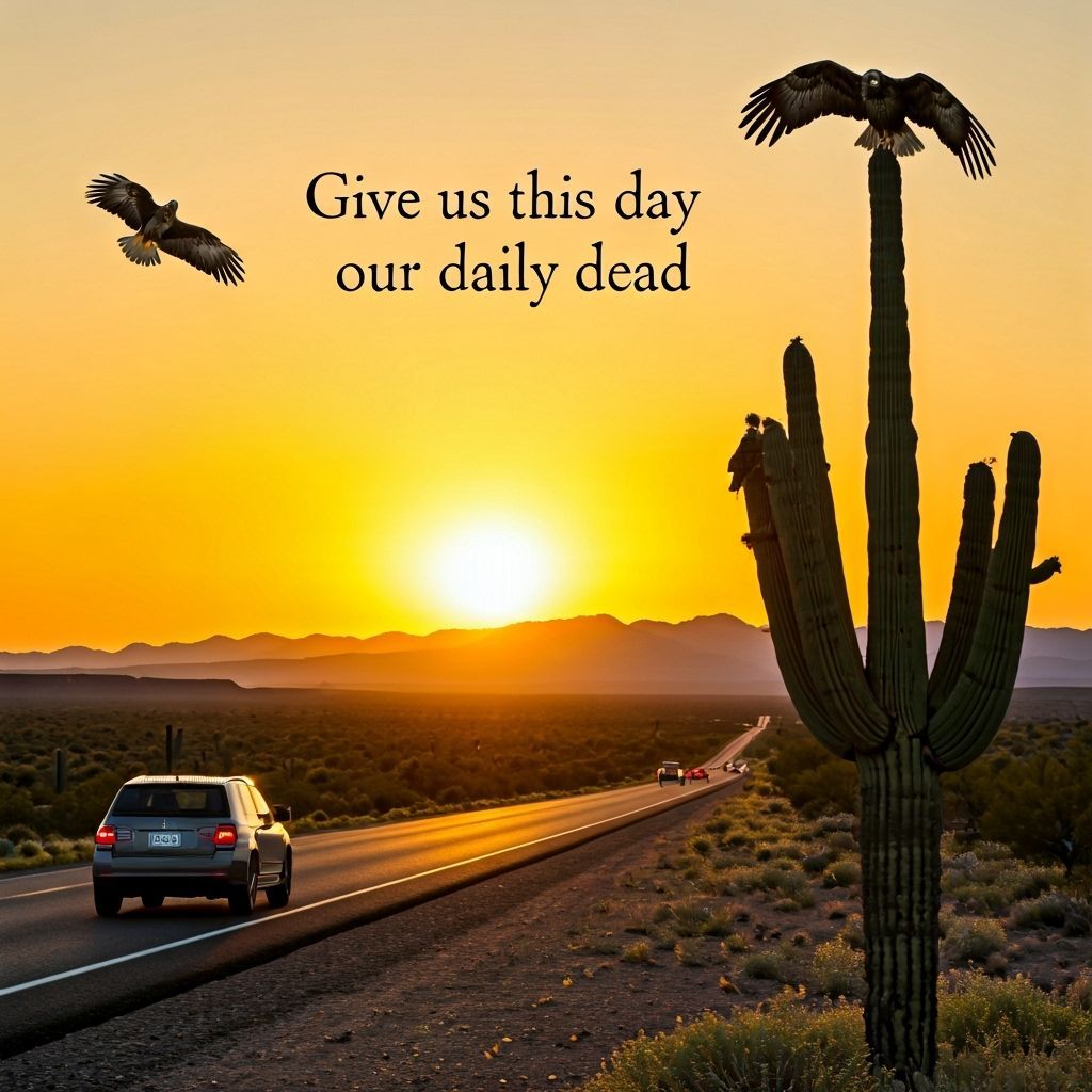 Desert Sunset with Buzzards and Highway Car