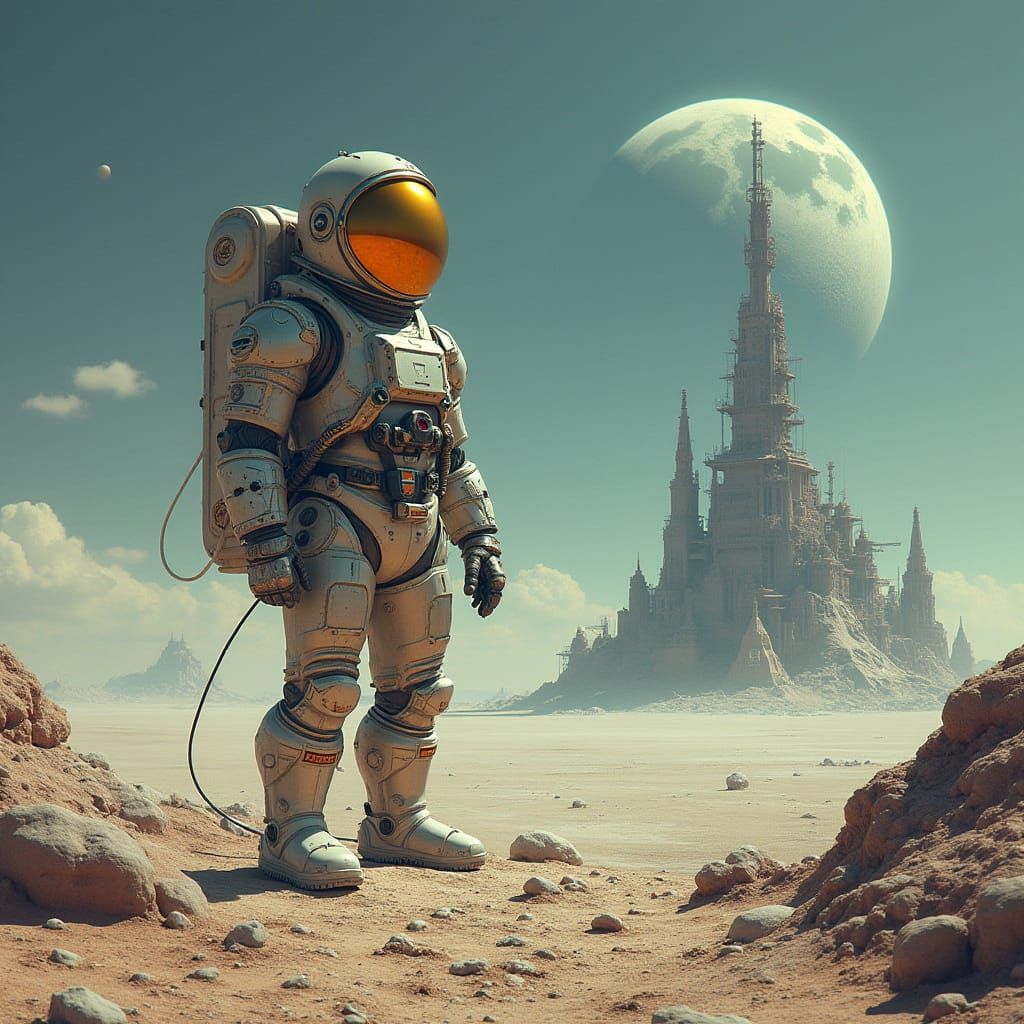 Astronaut Building Futuristic Lunar Fortress in Distant Dese...