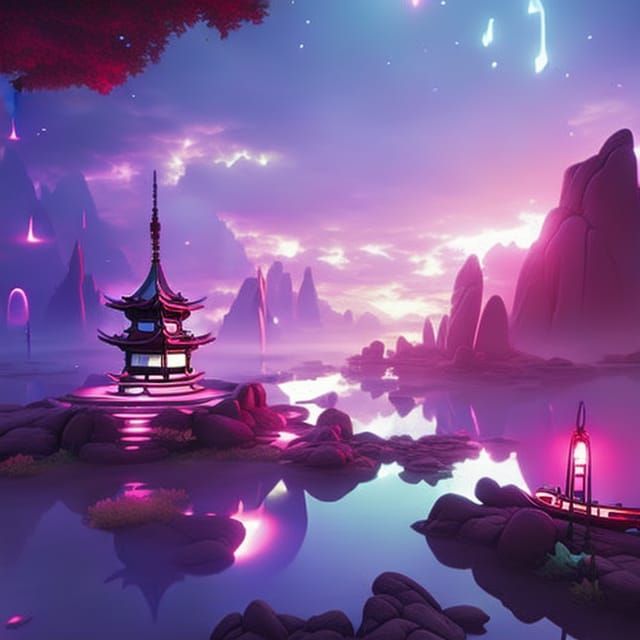 Serene Astral Zen Garden with Floating Lights