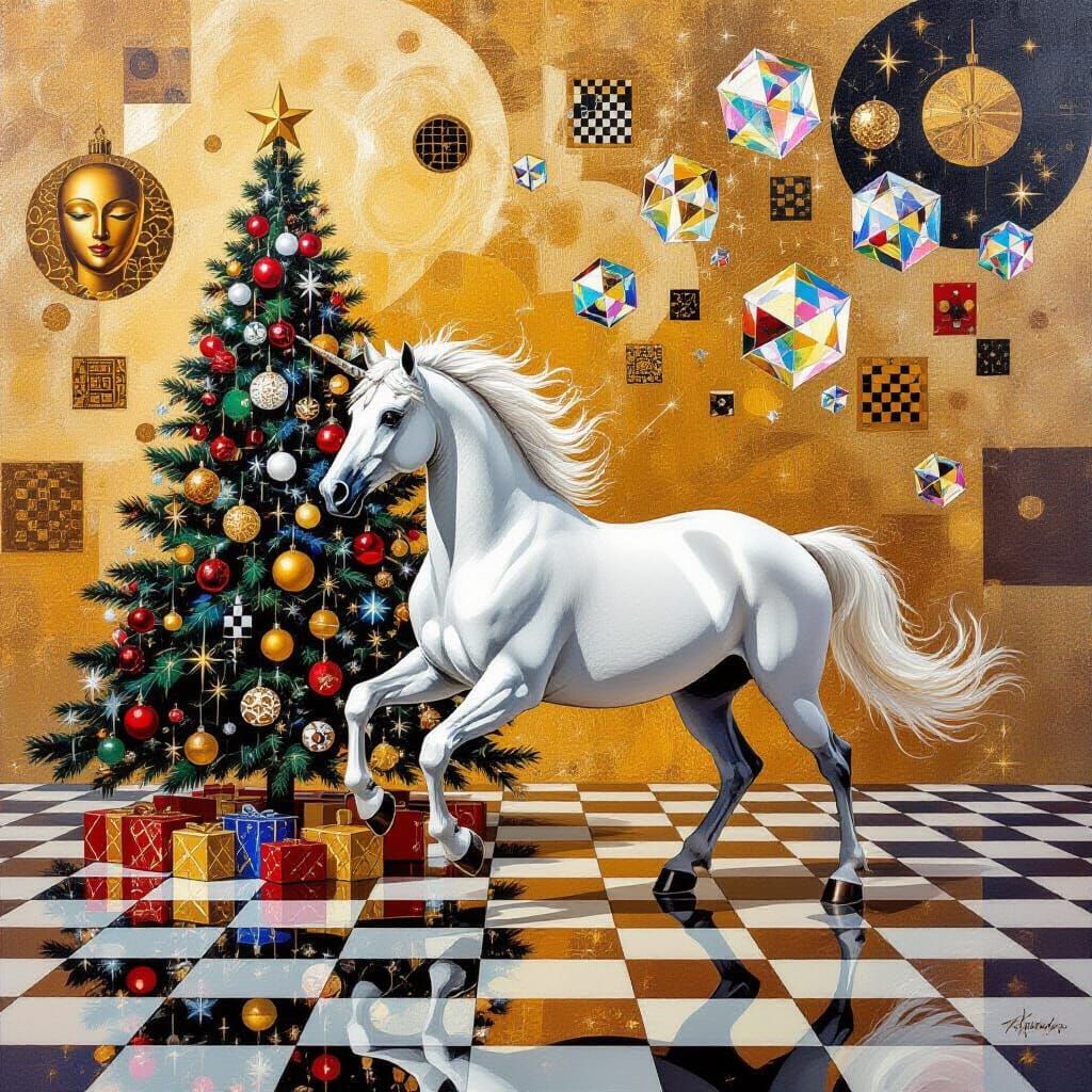 White Horse on Chessboard Floor Oil Painting