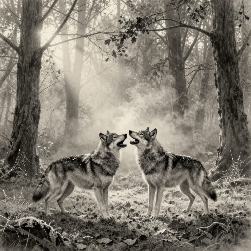 Wolves Playing in Dew-Kissed Forest Dawn