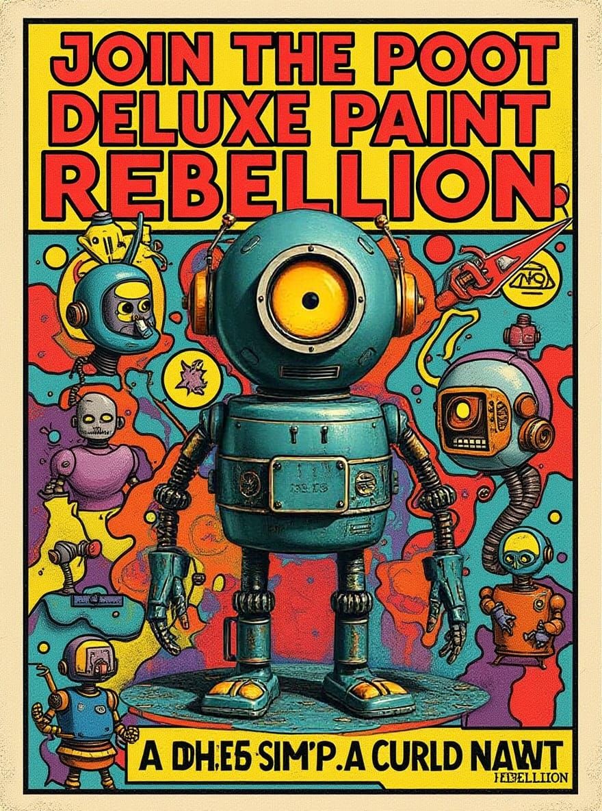 Cyberpunk Robots Rebel in Whimsical Mixed Media Art