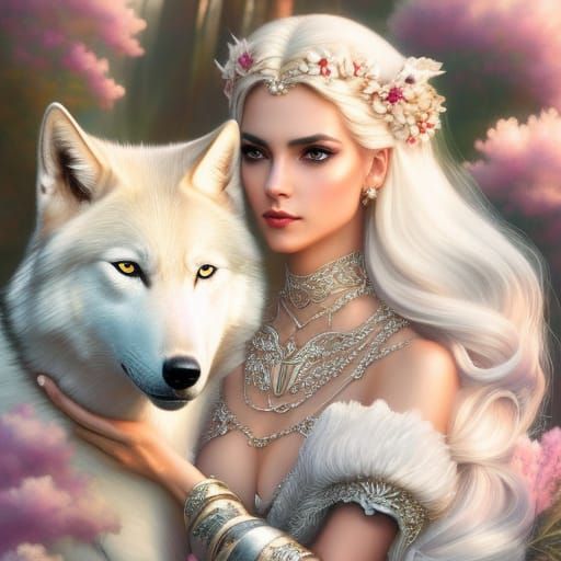 Queen π in a white dress holding a white wolf πΊ