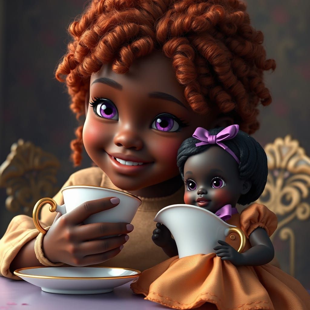 Little Girl Sips Tea with Ebony Doll in Whimsical Fantasy Se...