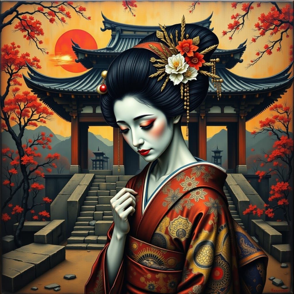 Mourning Geisha and Samurai Lover in Japanese Style