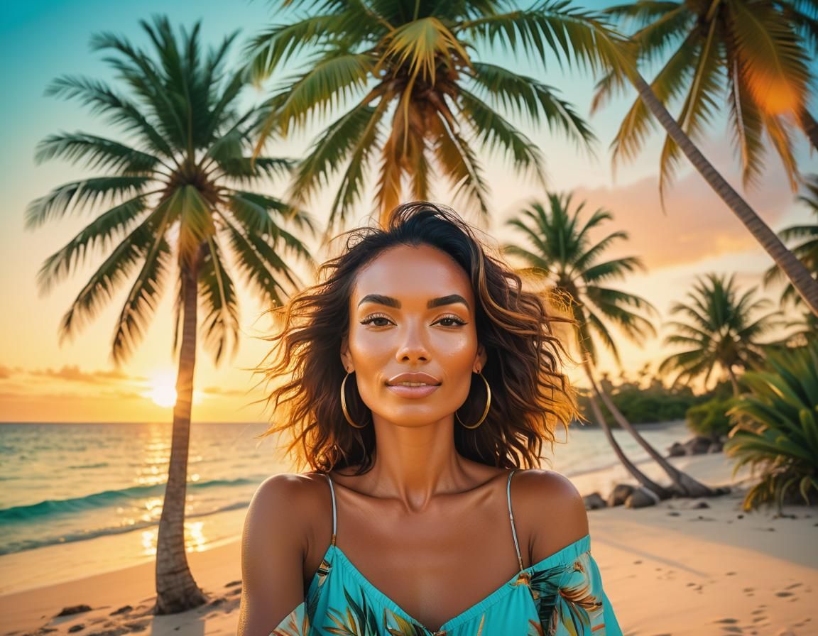 Tropical Island Paradise: Woman Relaxing at Sunset