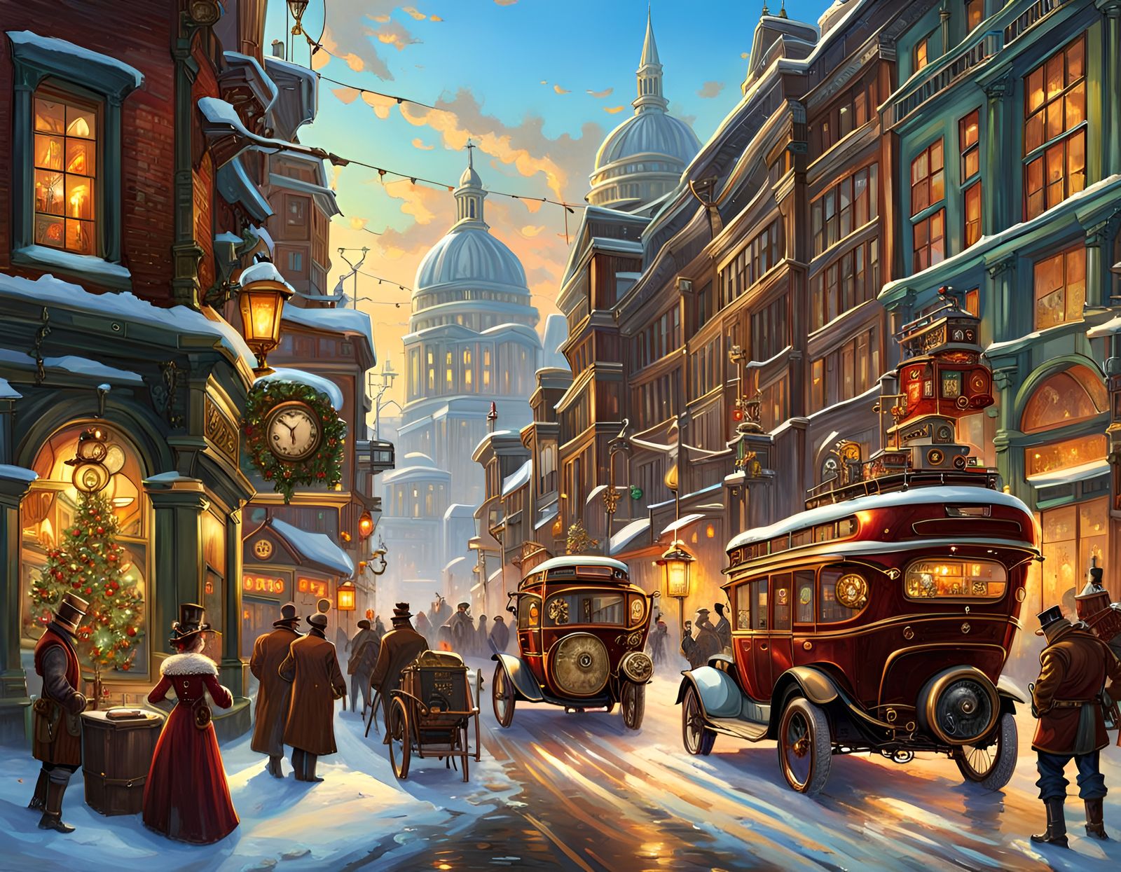Steampunk, Winter, Festive Steampunk downtown, steampunk car bus traffic, Hyperrealistic, splash art, concept art, mid s...