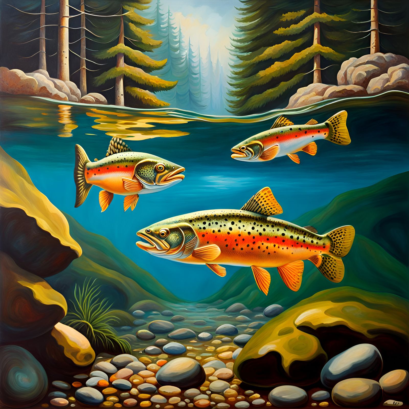 Trout in Mountain Stream: Detailed Oil Painting