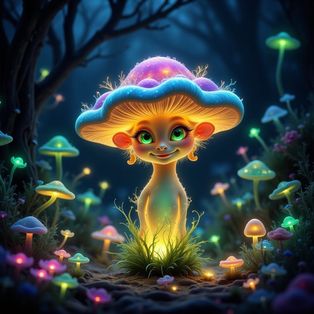 Mischievous Mushroom Creature in Enchanted Forest