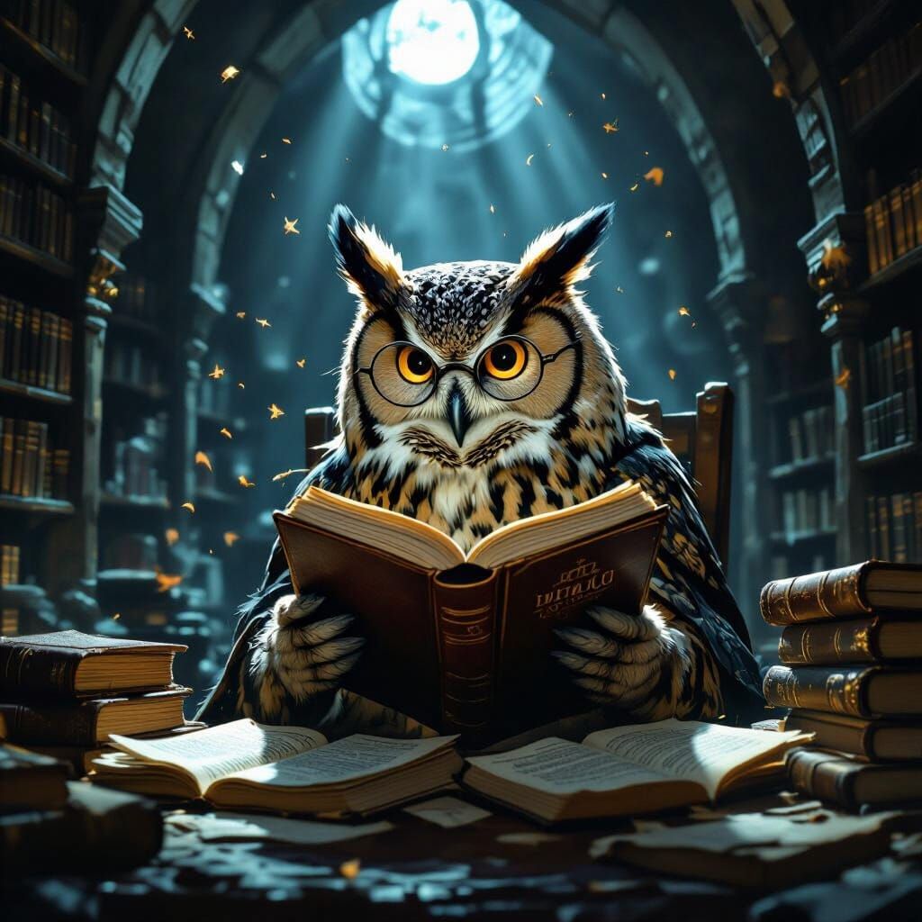 Scholarly Owl Reading in Gothic Library