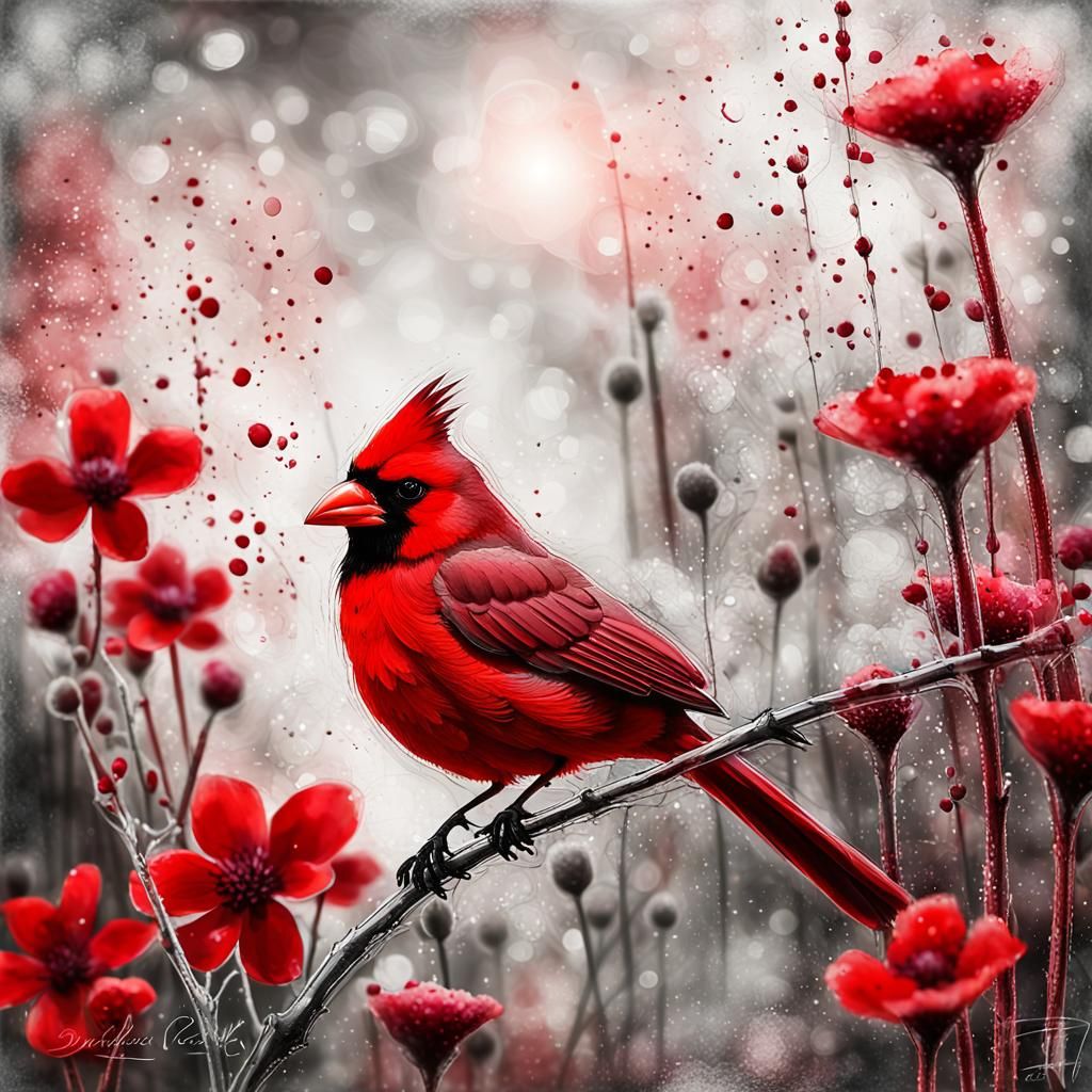 Red Cardinal in a Magical Crimson Garden