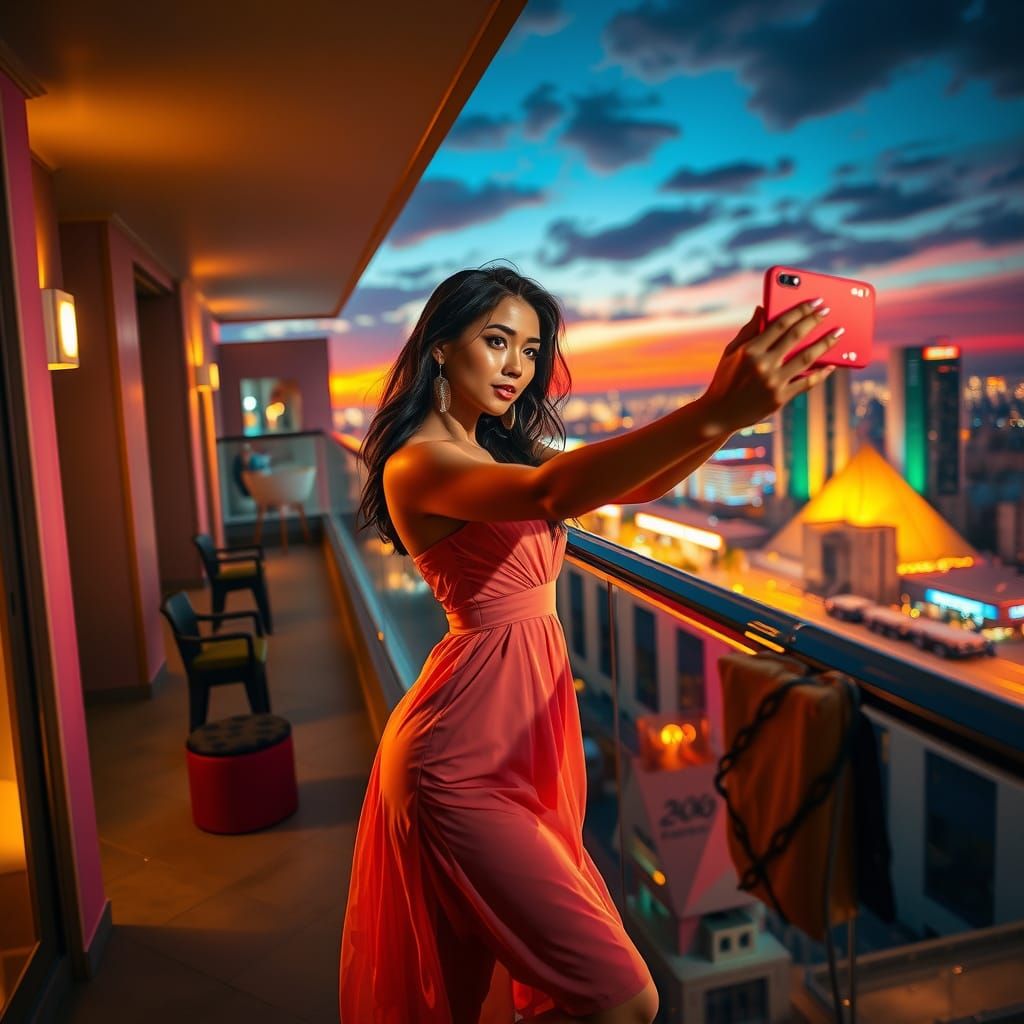 Woman on Balcony in Hyperrealistic Splash Art