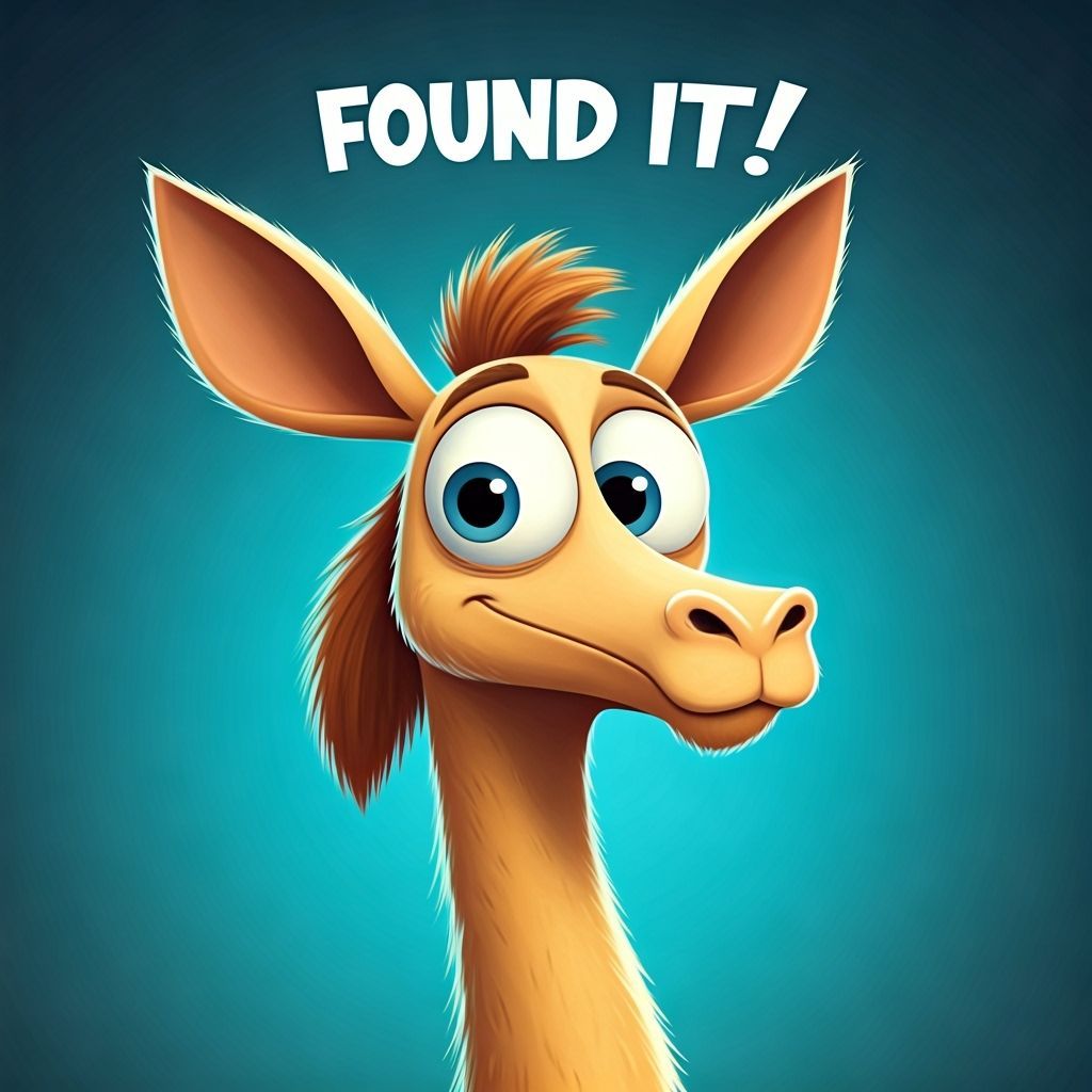 Cartoon Dromedary with 'Found It!' Text in Cute Style