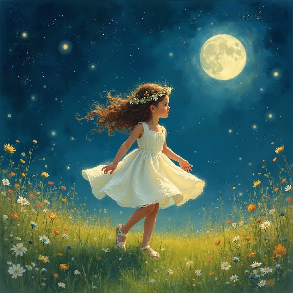 Young Girl Dancing Under Starry Night Sky in Impressionist S...