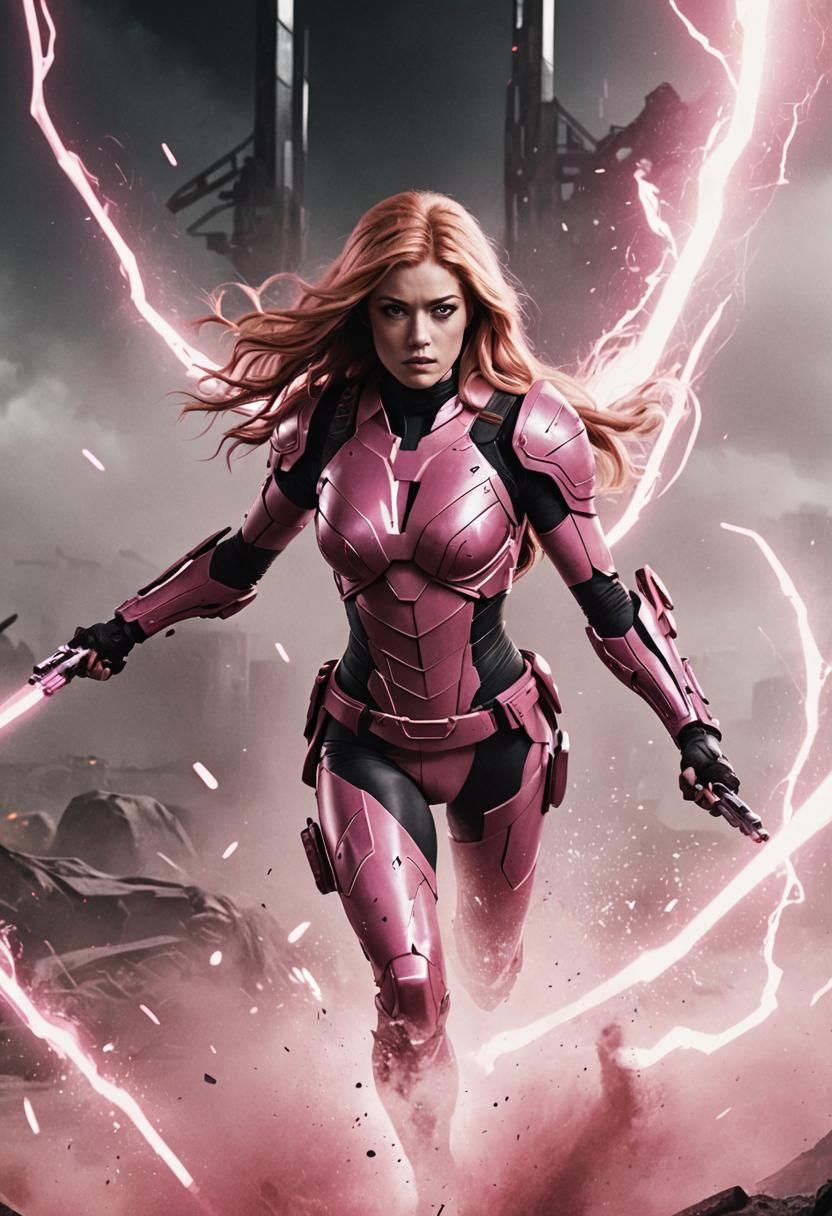 Katherine McNamara as Armored Superhero in Comic Style