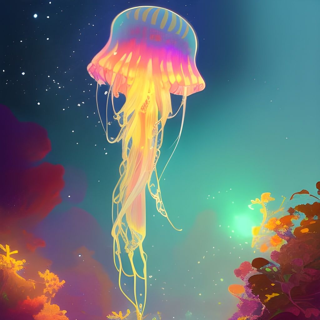 Glowing Jellyfish in Sparkling Ocean, Digital Illustration