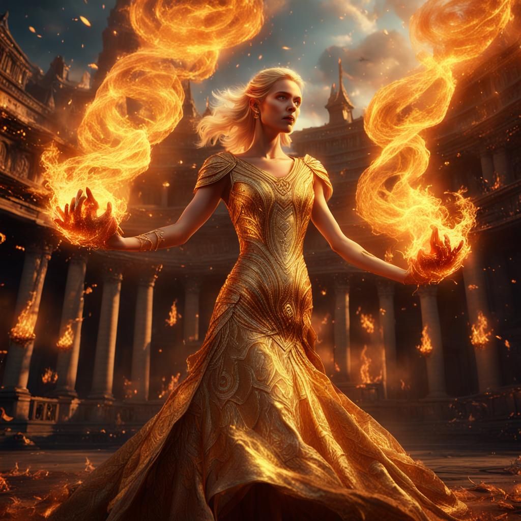 Woman in Golden Dress Surrounded by Fire