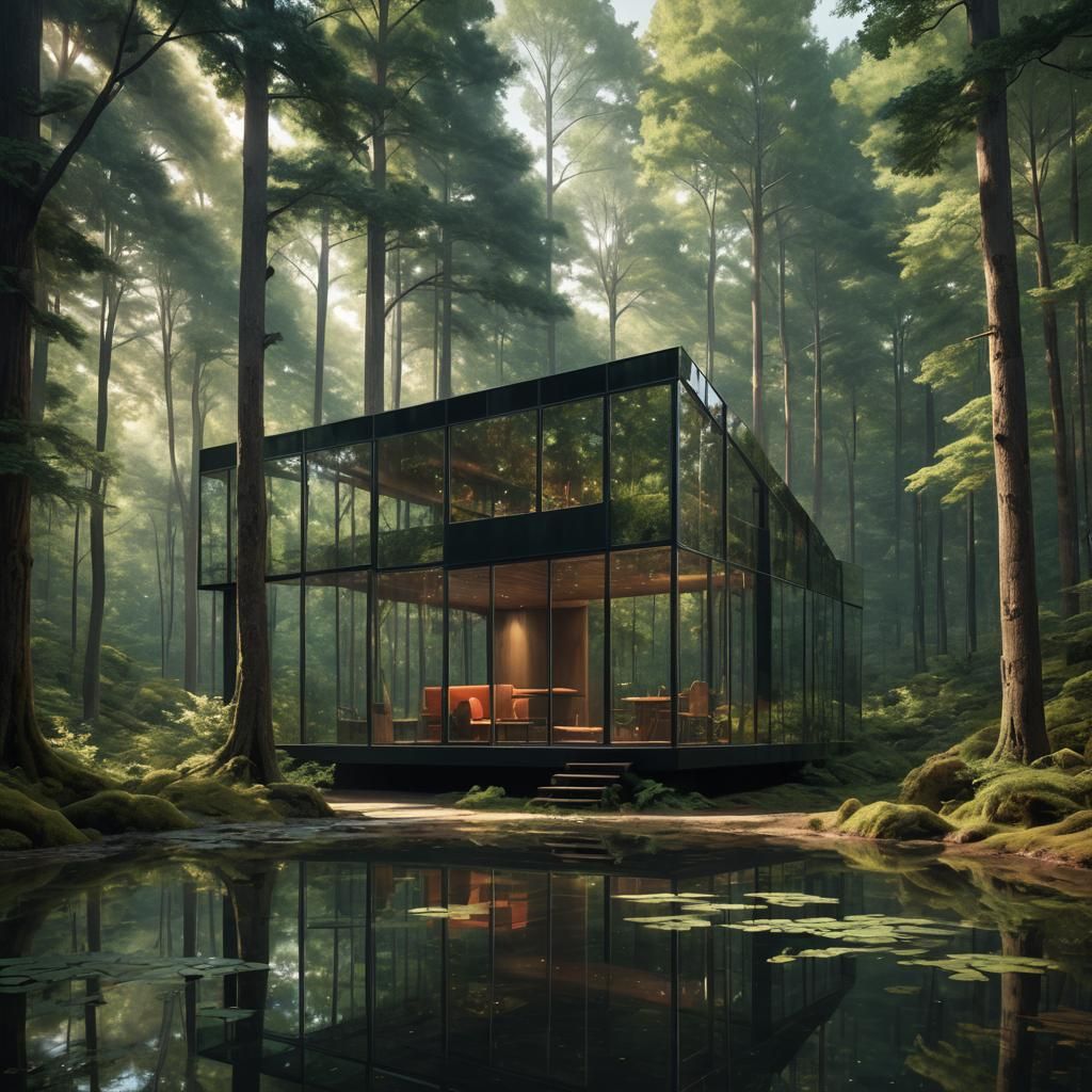 Glass Cabin in Forest: Hyper-Realistic Concept Art