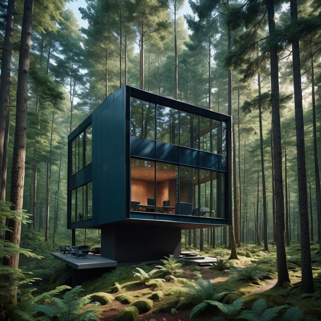 Post-Modern Glass Cabin in Forest, Hyper-Realistic Digital A...