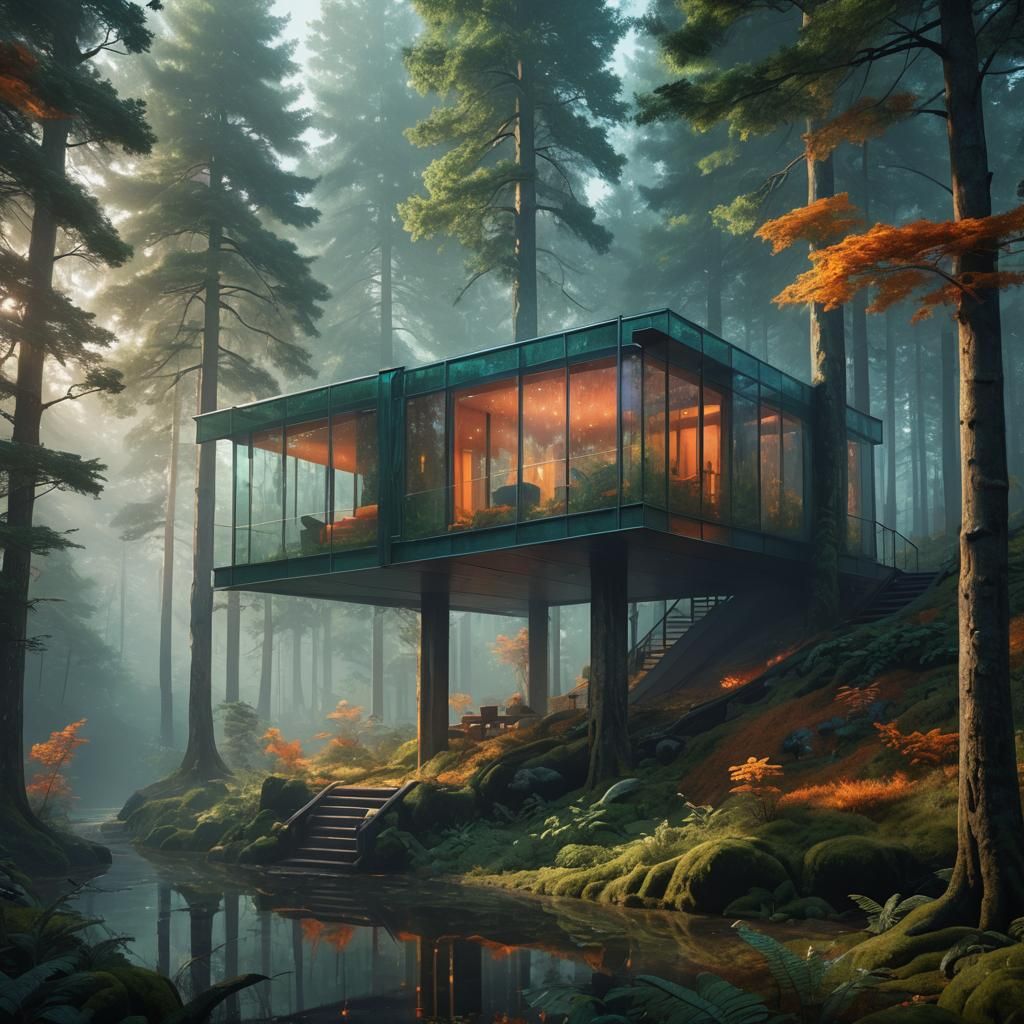 Reflective Glass Cabin in Misty Forest: Hyperrealistic Art