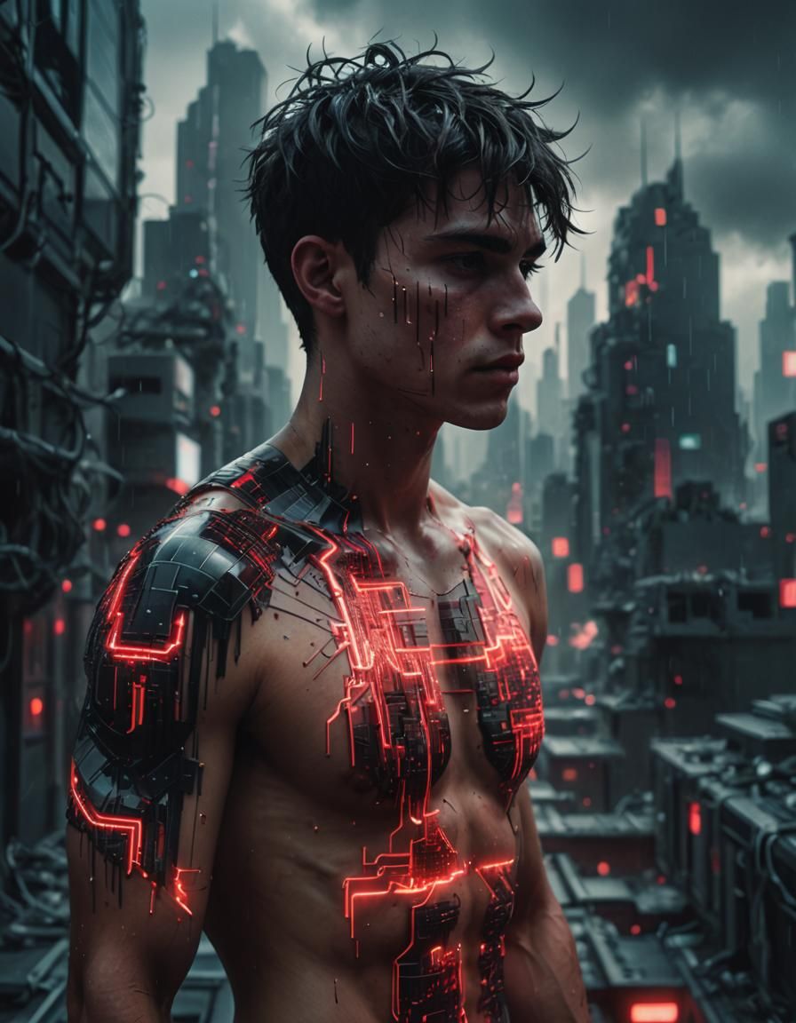 Cyberpunk Glitch: Shirtless Man in Digital Landscape