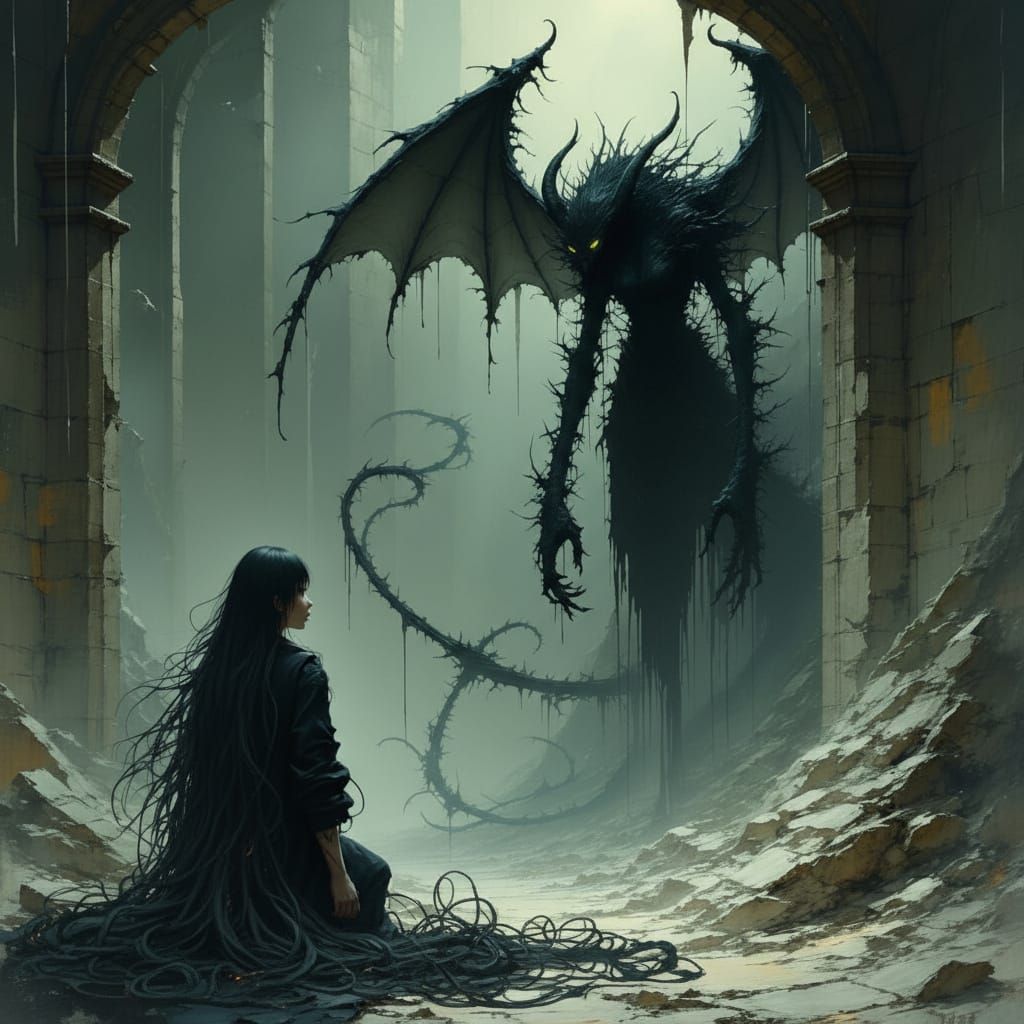 Dark Fantasy Art: Woman Confronts Thorned Demoness