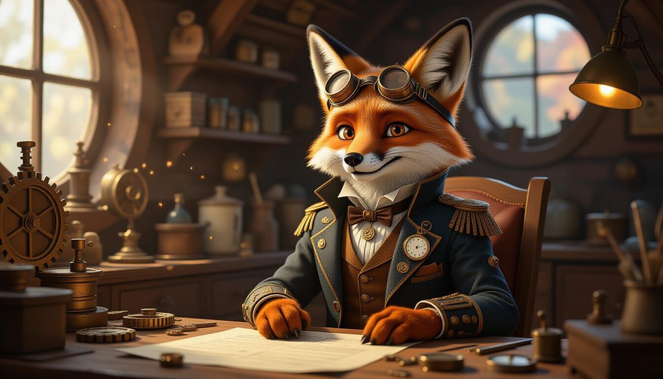 Steampunk Fox Inventor in Cozy Workshop