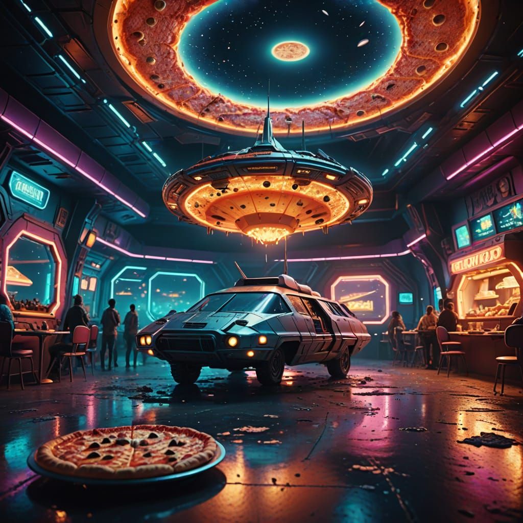 Spaceship Landing at Retro-Futuristic Pizza Planet