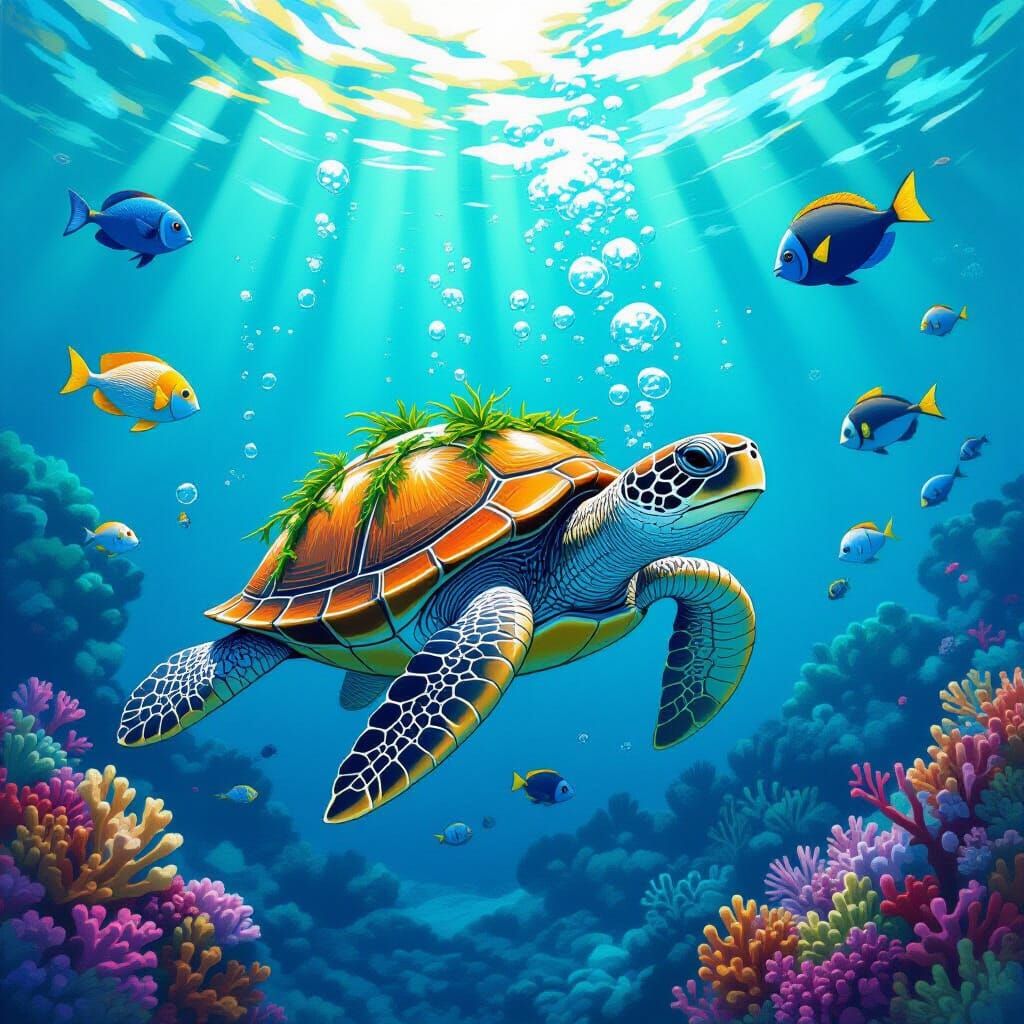 Turtle Swimming Underwater with Vibrant Coral and Sea Life