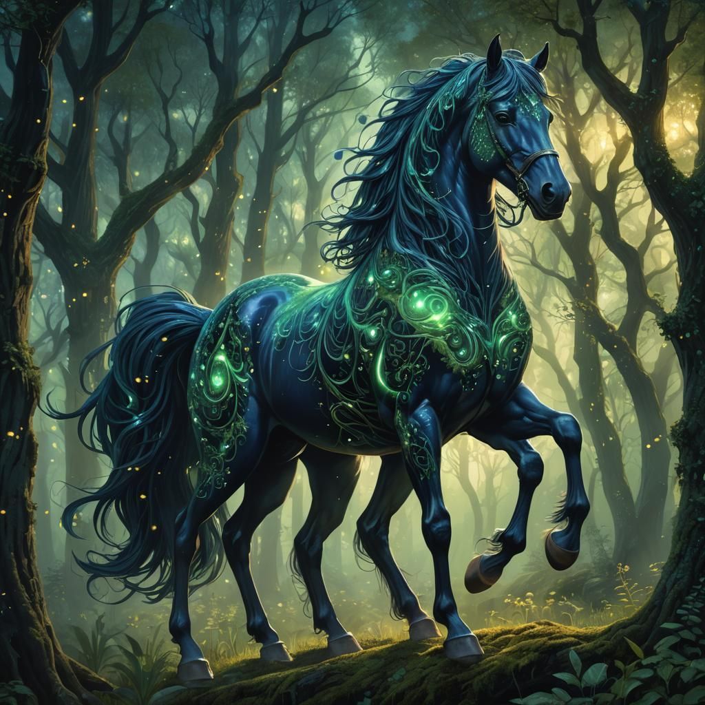 Majestic Mythical Horse in Emerald Forest: Digital Painting