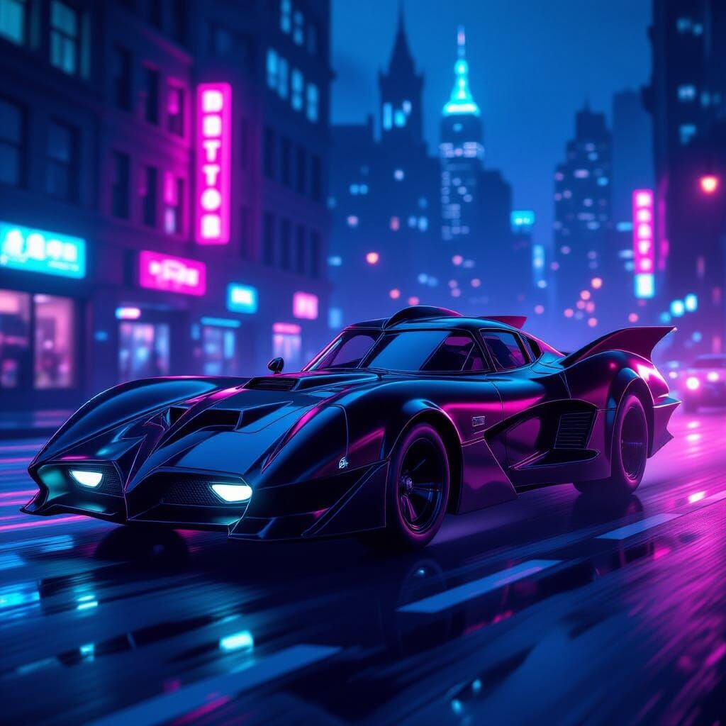 Sleek Batmobile in Neon Gotham City