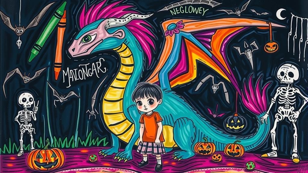 Friendly Crayon Monster in Surreal Halloween Night
