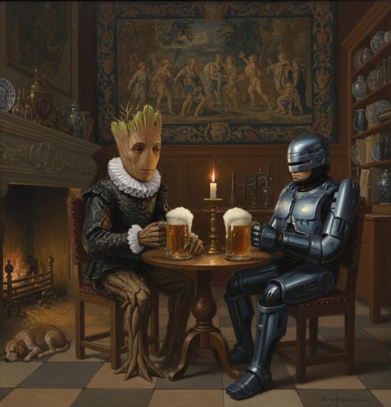 Groot & Robocop Share Beers in Dutch Golden Age Style