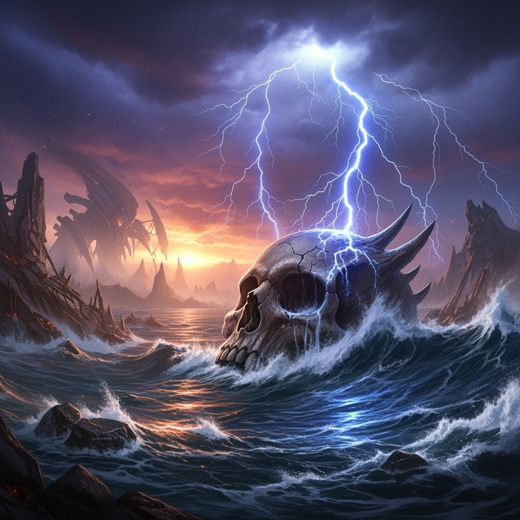 Doomsday Skull in Electric Storm, Fantasy Concept Art