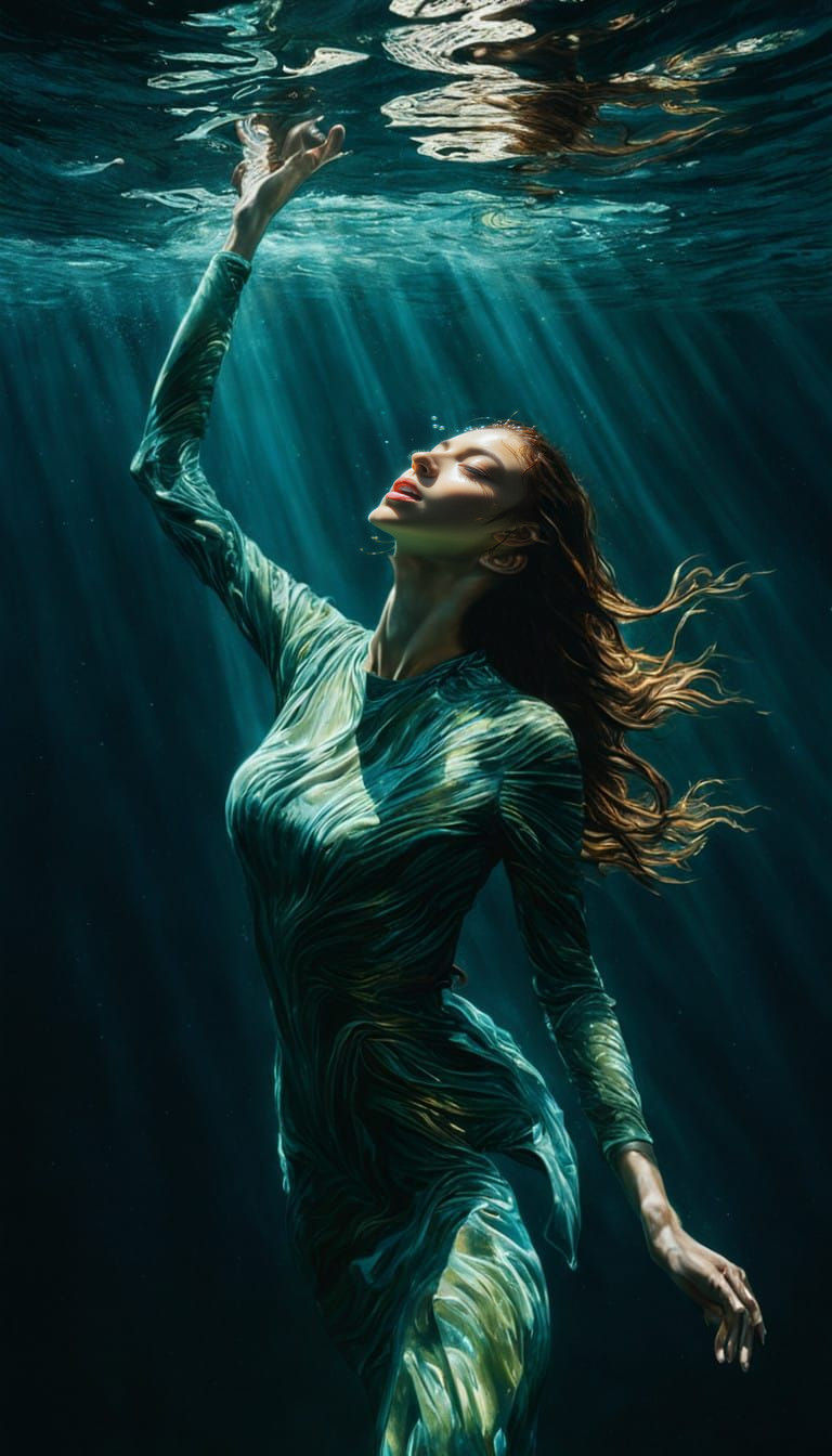 Desperate Drowning Figure in Dark Ocean Depths, Photorealist...