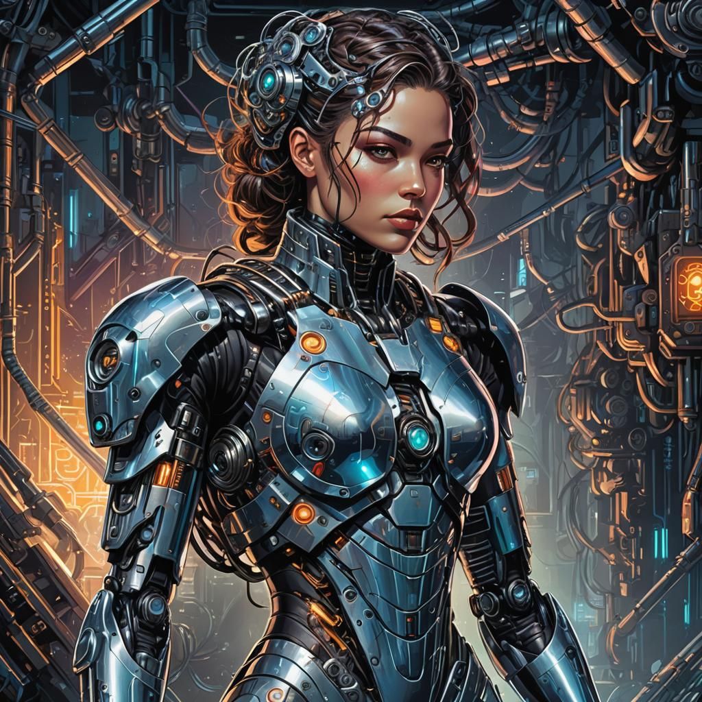 Cyborg Woman Portrait in Comic Book Art Style