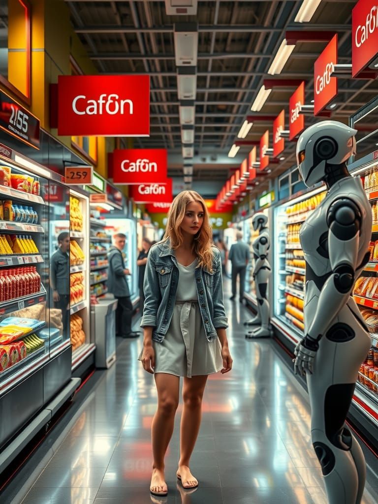 Blonde Customer Surrounded by Futuristic Retail in Hyperreal...