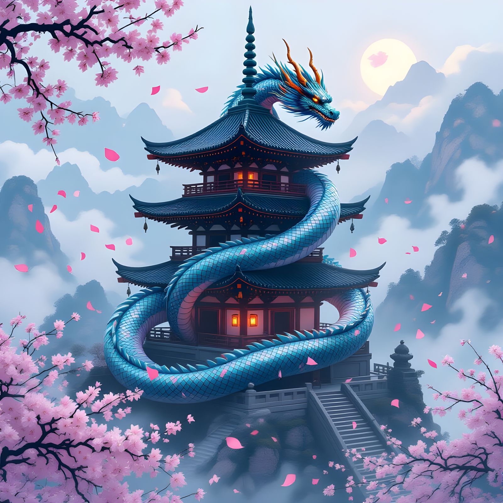 Celestial Dragon Coils Around Pagoda in Matte Painting Style