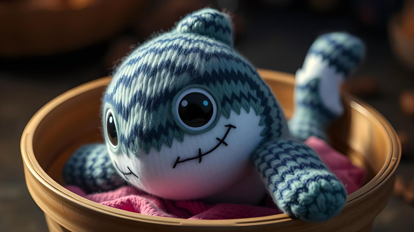 Happy Knitted Shark Doll in Surreal Style