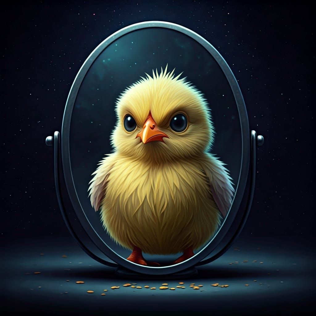 Grumpy Chick Stares in Mirror: Holographic Cosmic Illustrati...