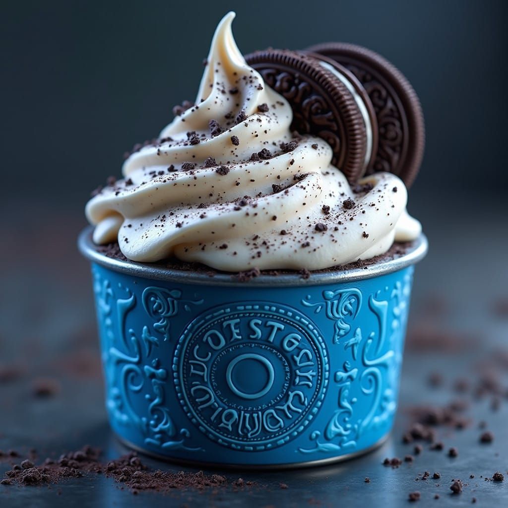 Vibrant Oreo Ice Cream in Retro-Futuristic Blue Tin