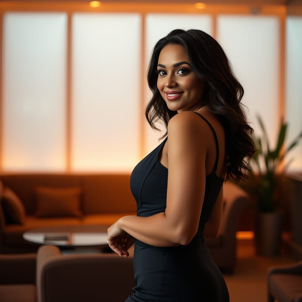 Elegant Woman in Modern Lounge, Exuding Confidence and Sophi...