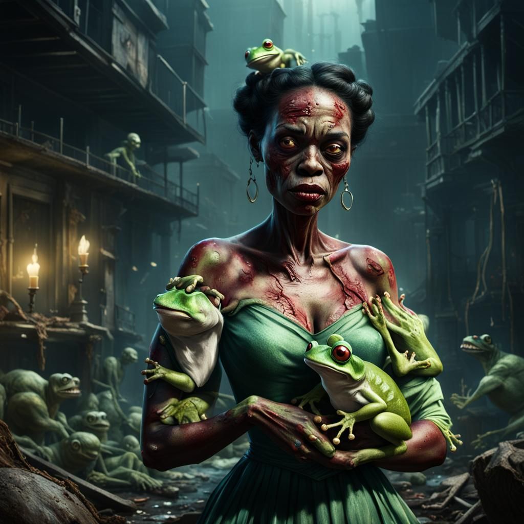 Zombie Disney Tiana in Dystopian Horror Style