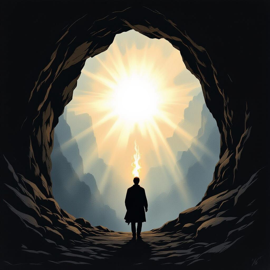 Man Emerges From Darkness Towards Platonic Truth