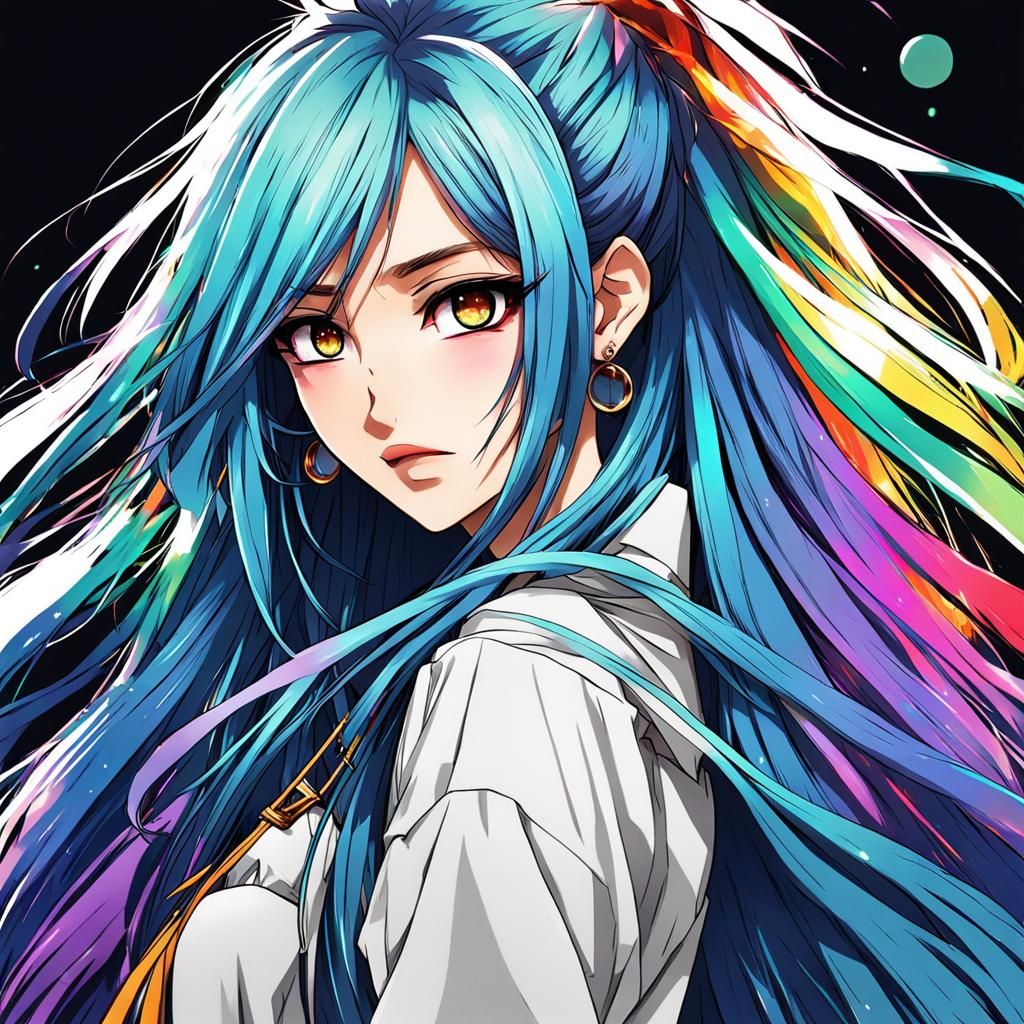 Colorful Anime Girl with Long Hair in Manga Style